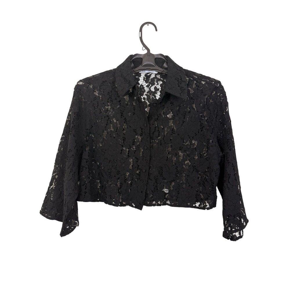 ZARA Sheer Black Lace Crop Top Size XS Long Sleeve Button Up Whimsigoth Romantic